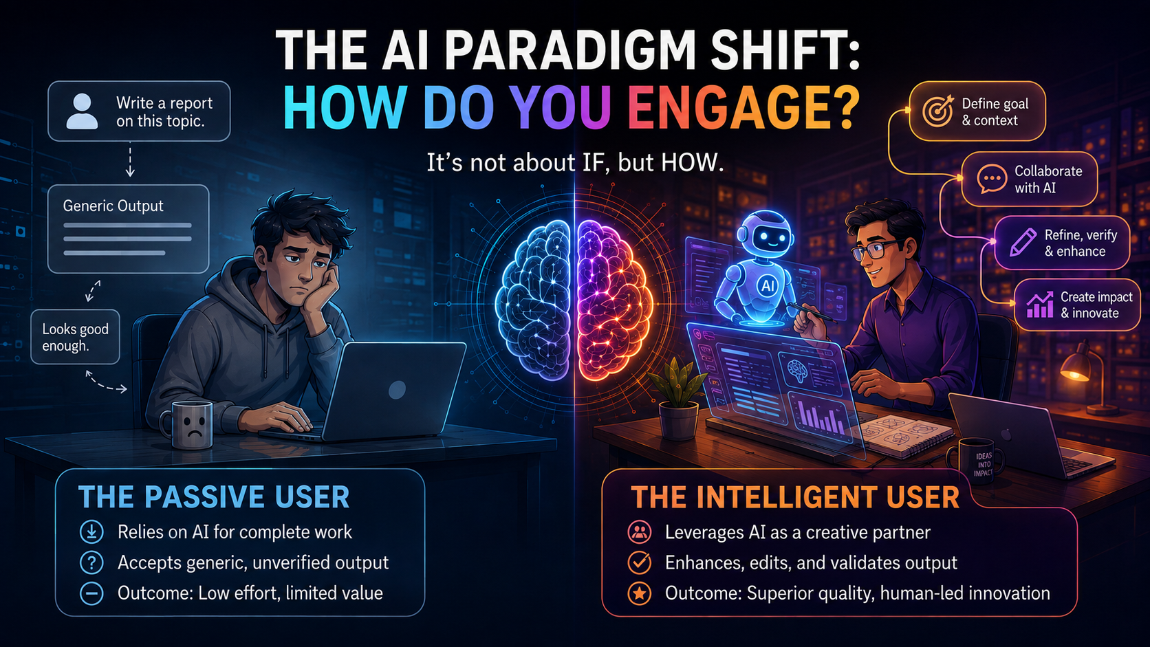 Infographic comparing the passive AI user with the intelligent AI user