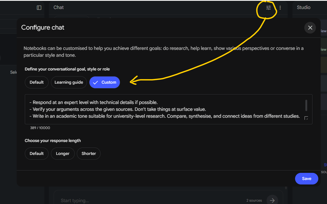 Gemini Notebook Configure Chat panel with Custom instructions selected