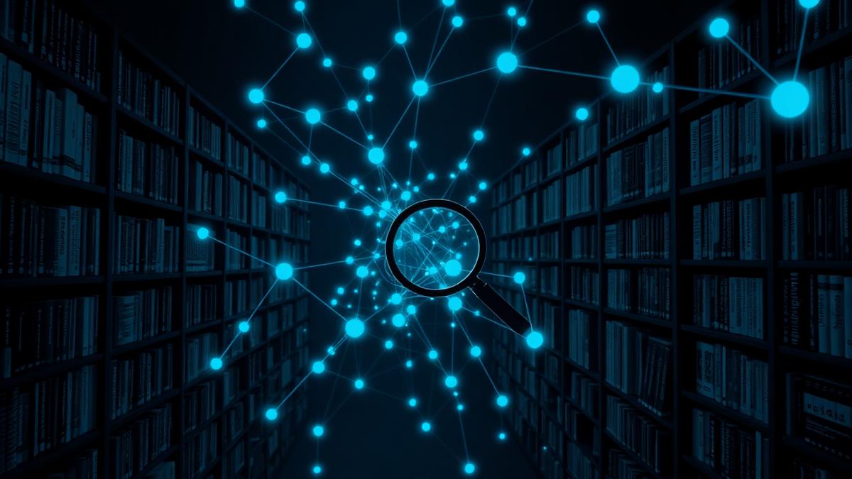 Library shelves with a glowing network of connected research papers