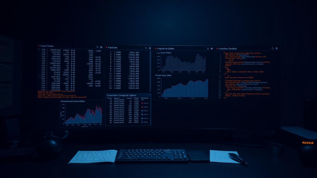 Research workstation showing statistical output and coded transcripts