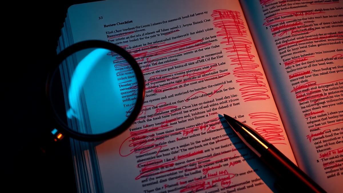 Manuscript covered in red peer review annotations under a magnifier