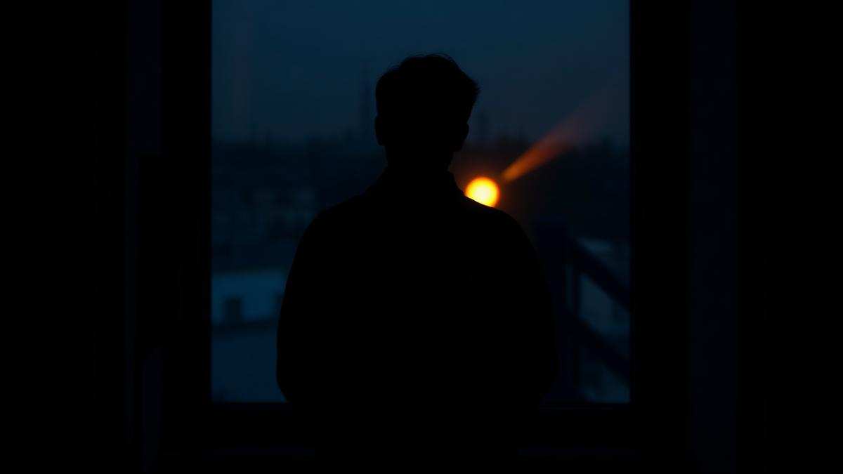 Researcher at a window with light rising over the city at dawn